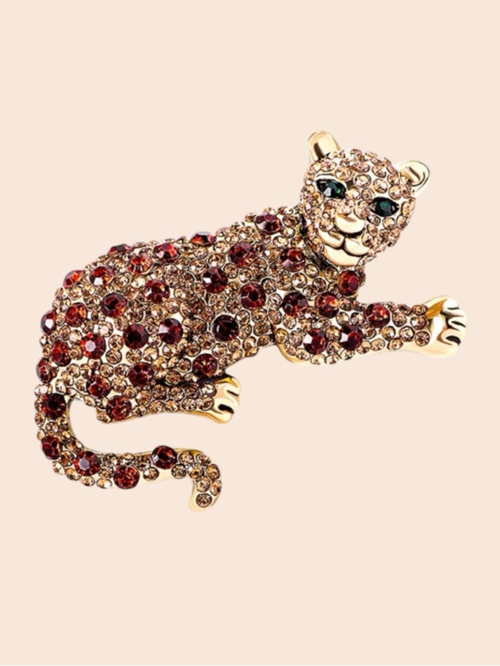 Leopard Brooch Brown Rhinestone Big Cat Statement Pin Gold Tone